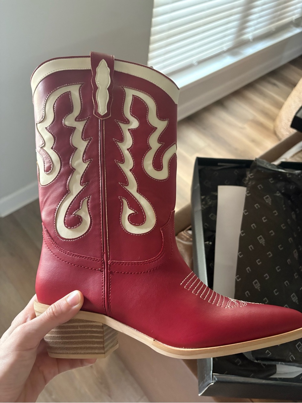 ShuShop Red and Ivory Western Heeled Cowgirl Boots - Picture 2 of 6